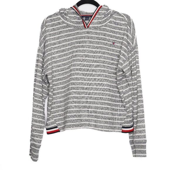 Tommy Hilfiger Womens Pullover Hoodie Size XL Grey White Striped Preppy Classic‎ - Picture 1 of 8